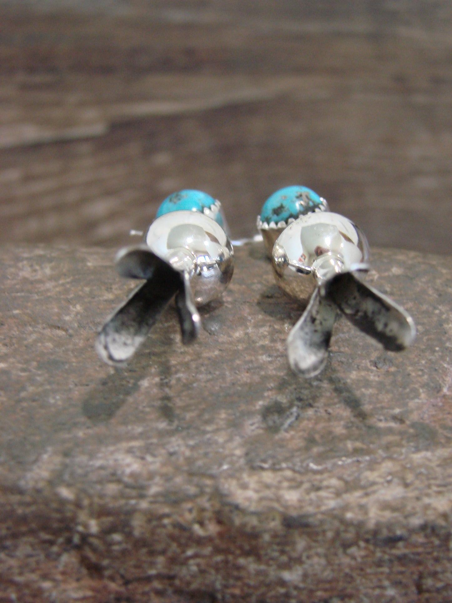 Native American Sterling Silver Turquoise Squash Blossom Dangle Earrings - Tsosie