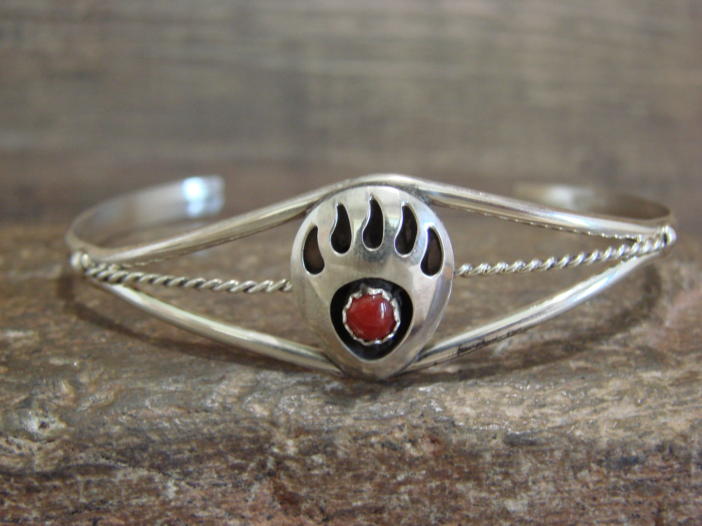 Native American Sterling Silver & Coral Bear Paw Bracelet by Spencer