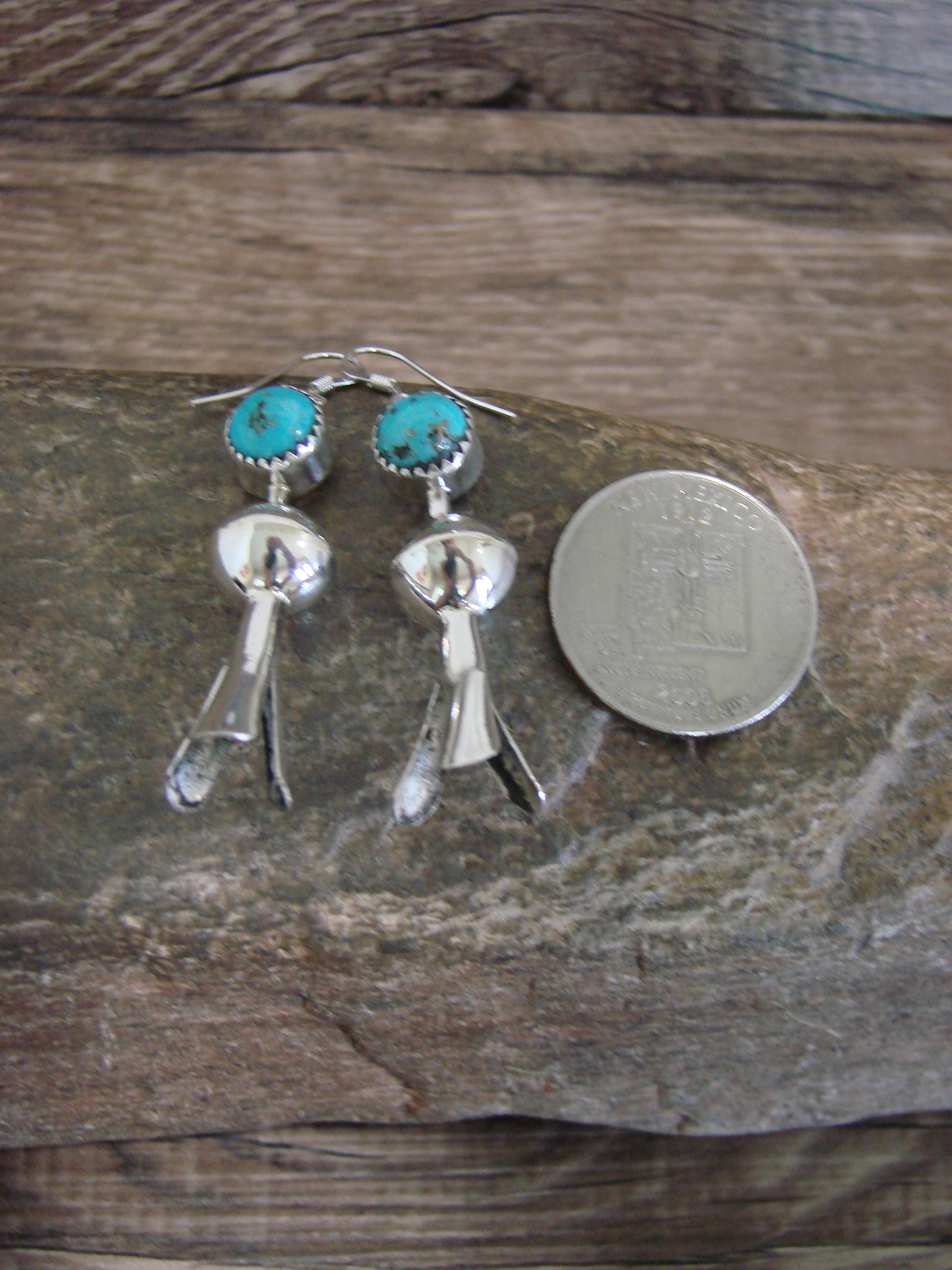 Native American Sterling Silver Turquoise Squash Blossom Dangle Earrings - Tsosie