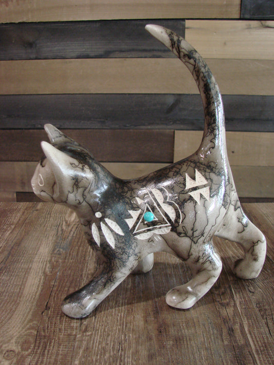 Native American Navajo Pottery Horse Hair Cat Sculpture by Vail