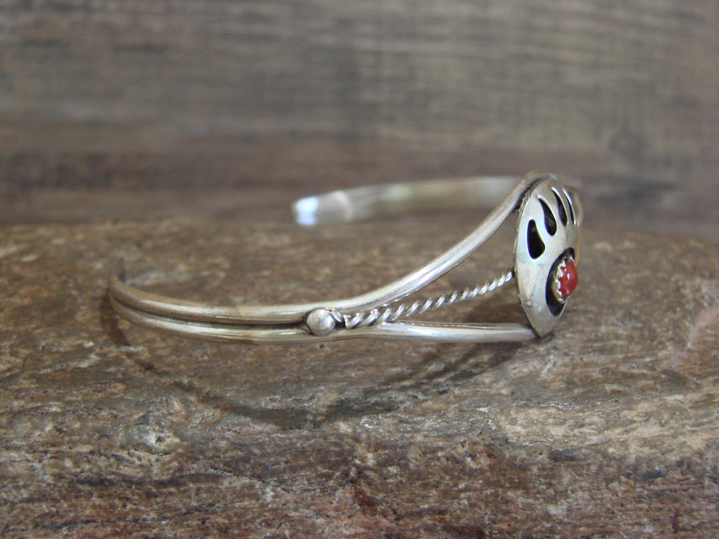 Native American Sterling Silver & Coral Bear Paw Bracelet by Spencer