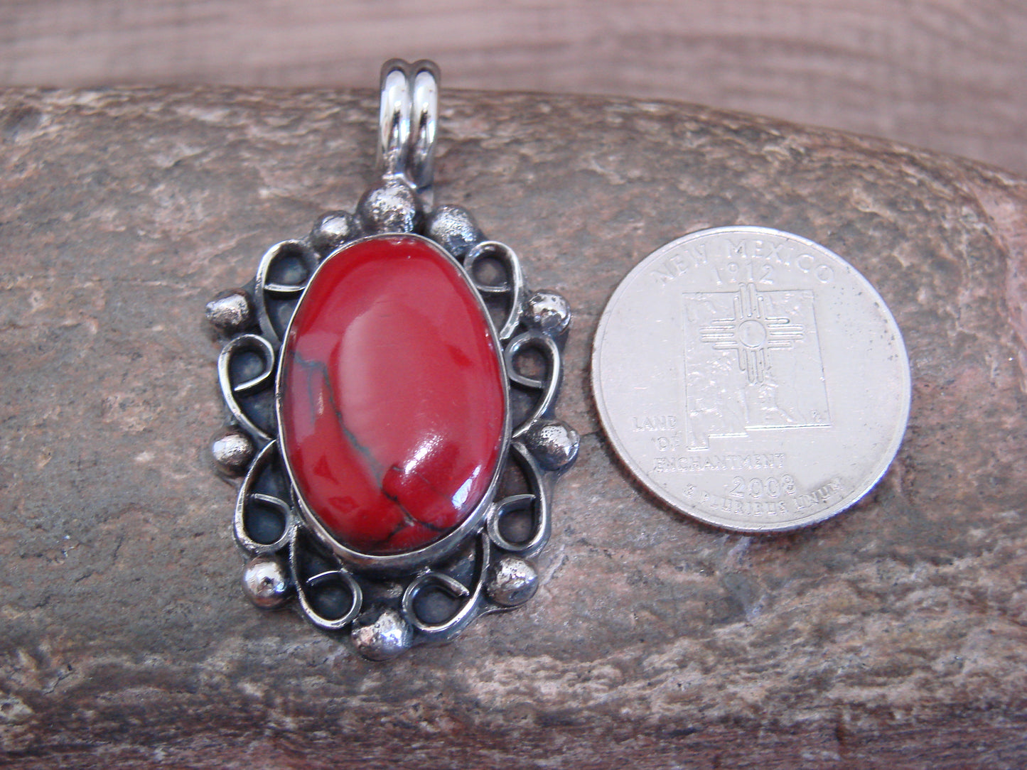 Native American Nickel Silver & Red Howlite Pendant - Cleveland