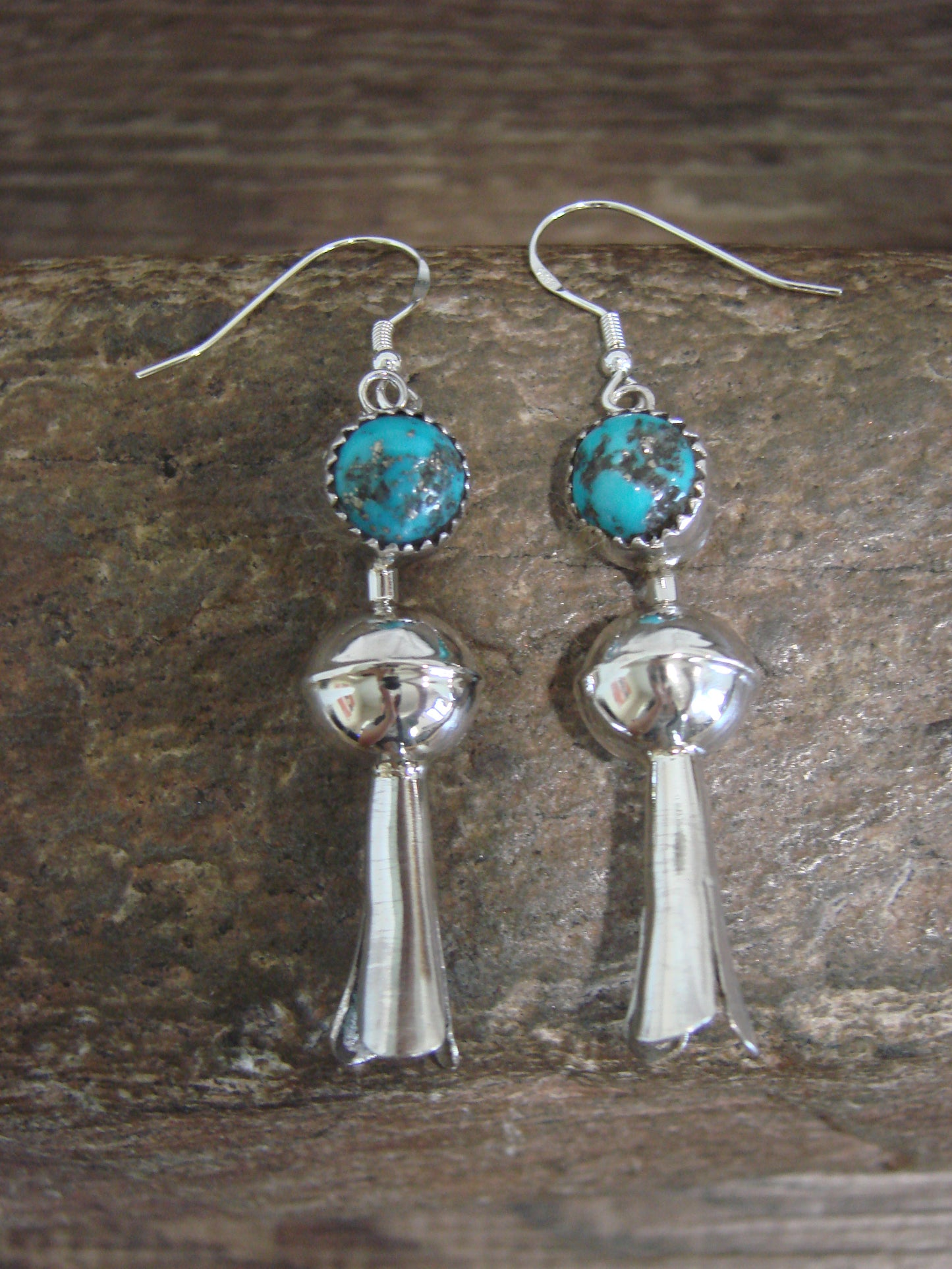 Native American Sterling Silver Turquoise Squash Blossom Dangle Earrings - Tsosie
