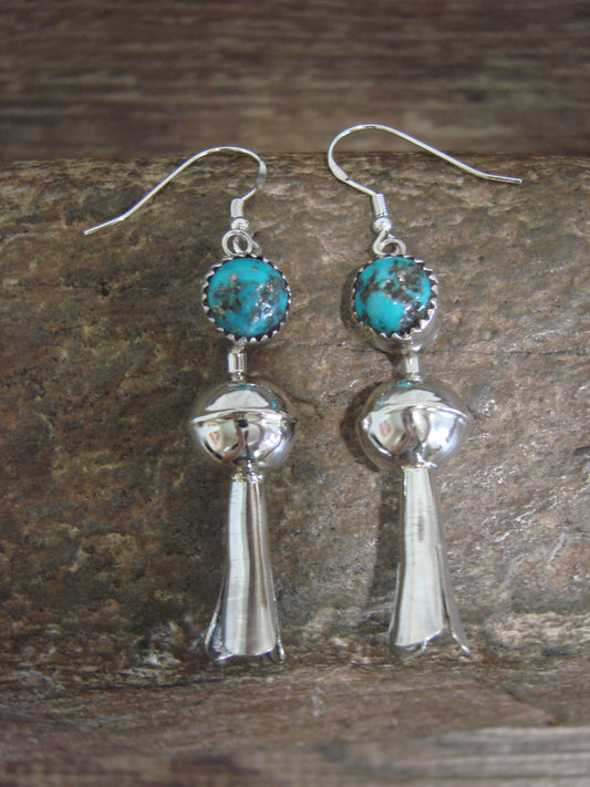 Native American Sterling Silver Turquoise Squash Blossom Dangle Earrings - Tsosie