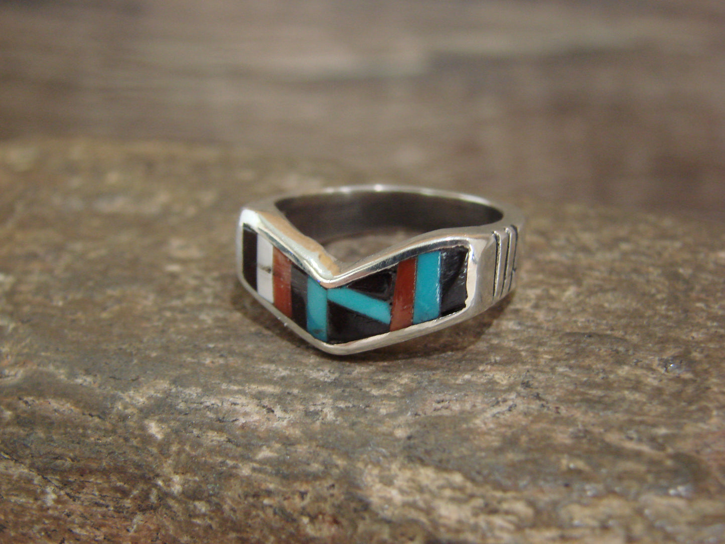 Native American Sterling Silver & Multi Stone Inlay Ring by Leekity - Size 6.5