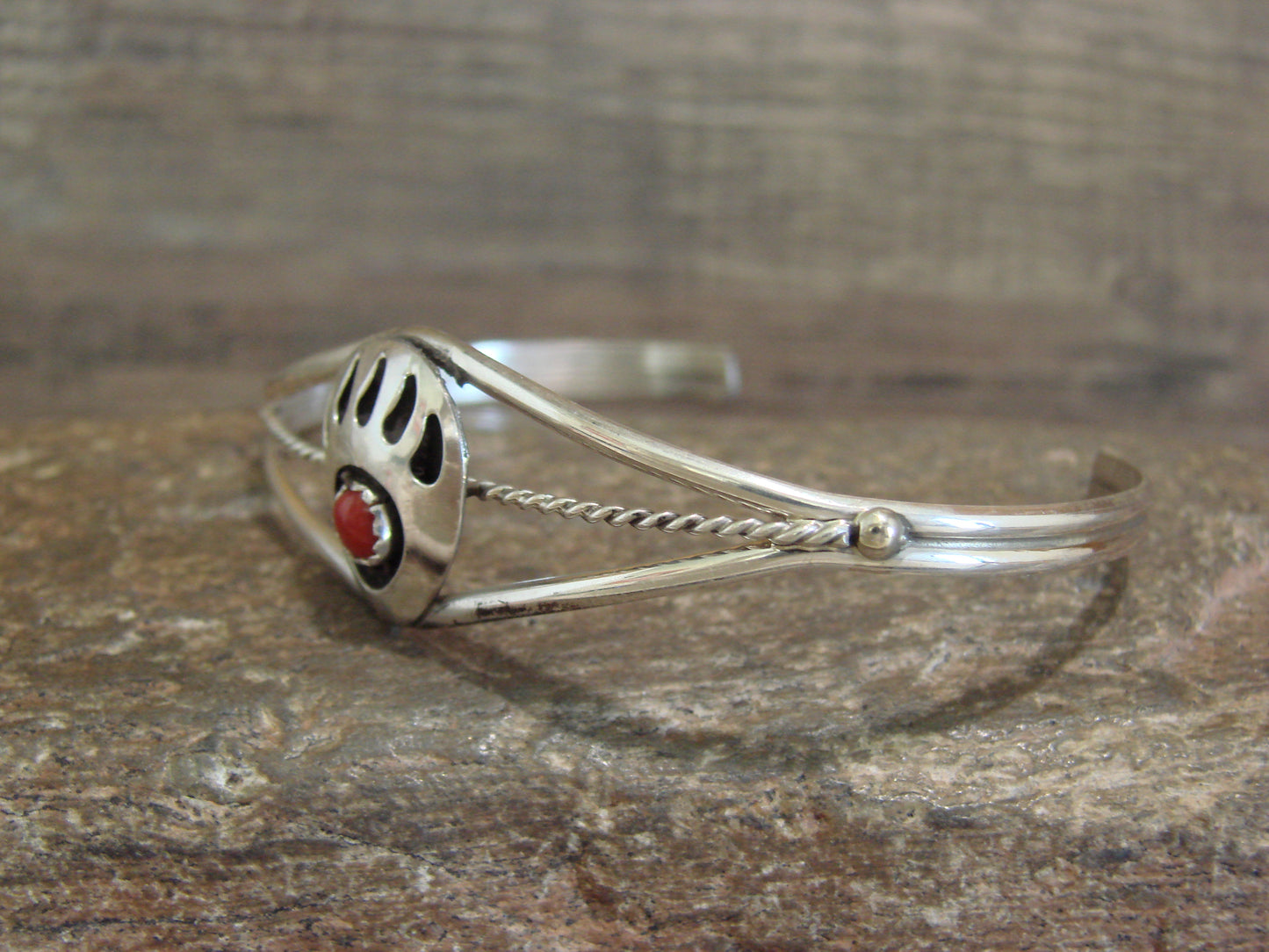 Native American Sterling Silver & Coral Bear Paw Bracelet by Spencer