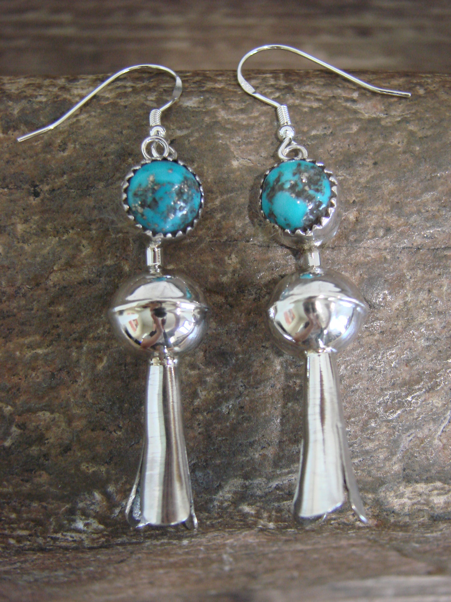 Native American Sterling Silver Turquoise Squash Blossom Dangle Earrings - Tsosie