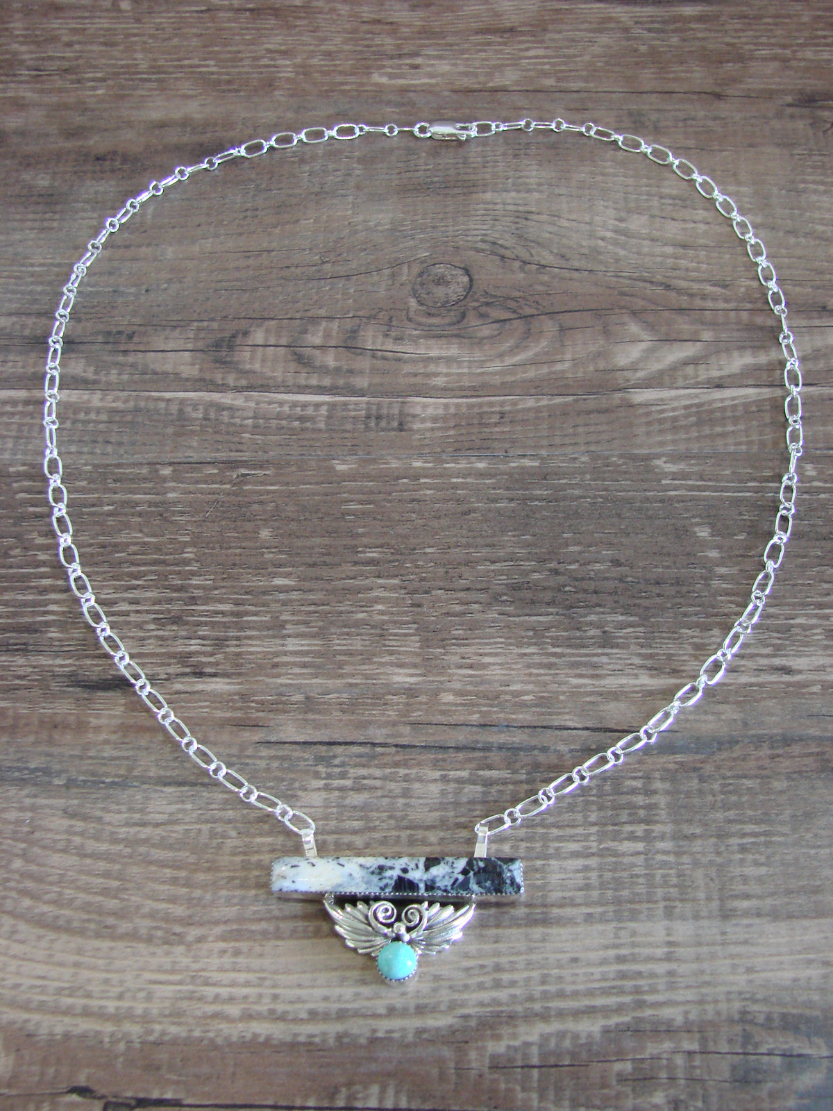 Native American Sterling Silver & White Buffalo Turquoise Link Necklace - Jack