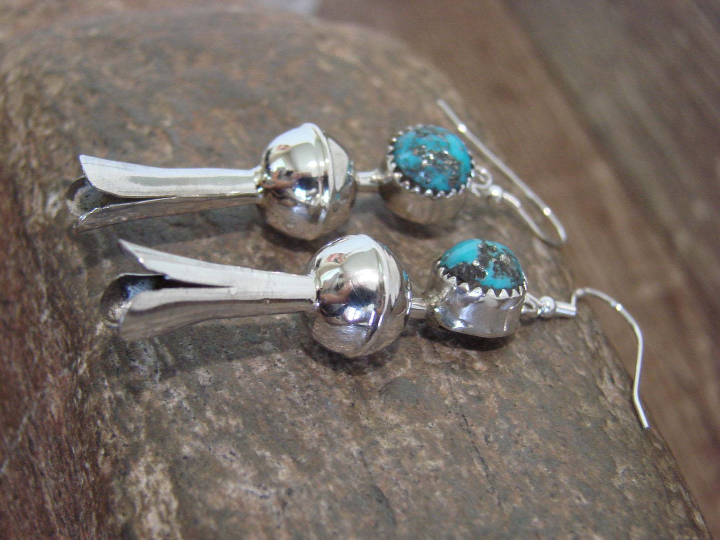 Native American Sterling Silver Turquoise Squash Blossom Dangle Earrings - Tsosie
