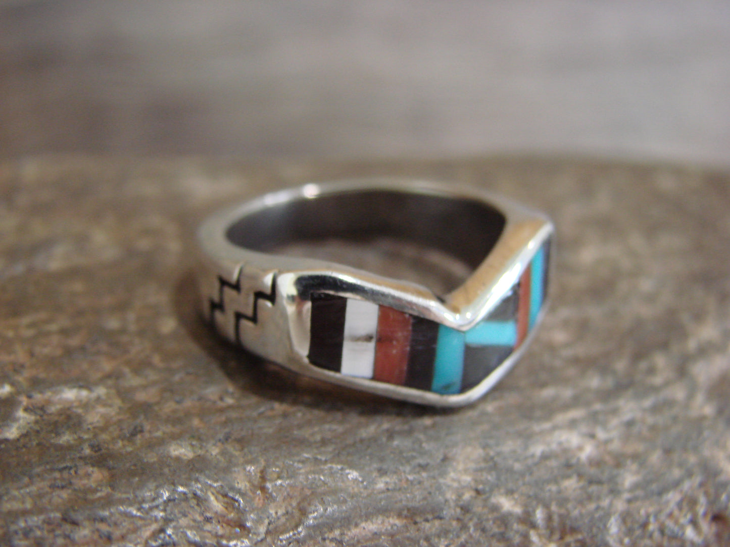Native American Sterling Silver & Multi Stone Inlay Ring by Leekity - Size 6.5