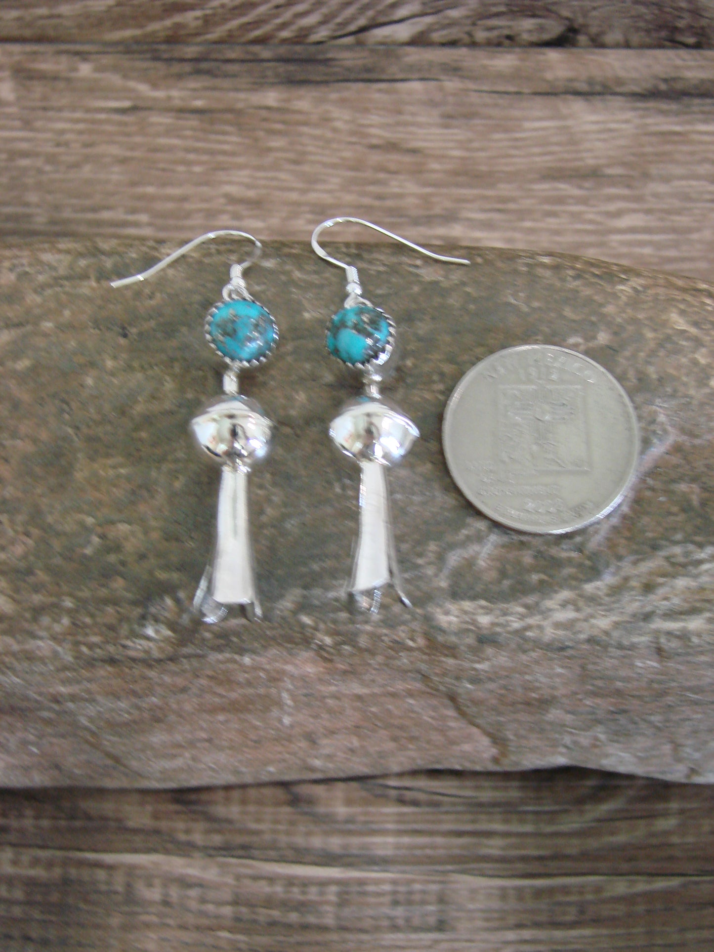 Native American Sterling Silver Turquoise Squash Blossom Dangle Earrings - Tsosie