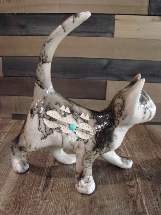 Native American Navajo Pottery Horse Hair Cat Sculpture by Vail