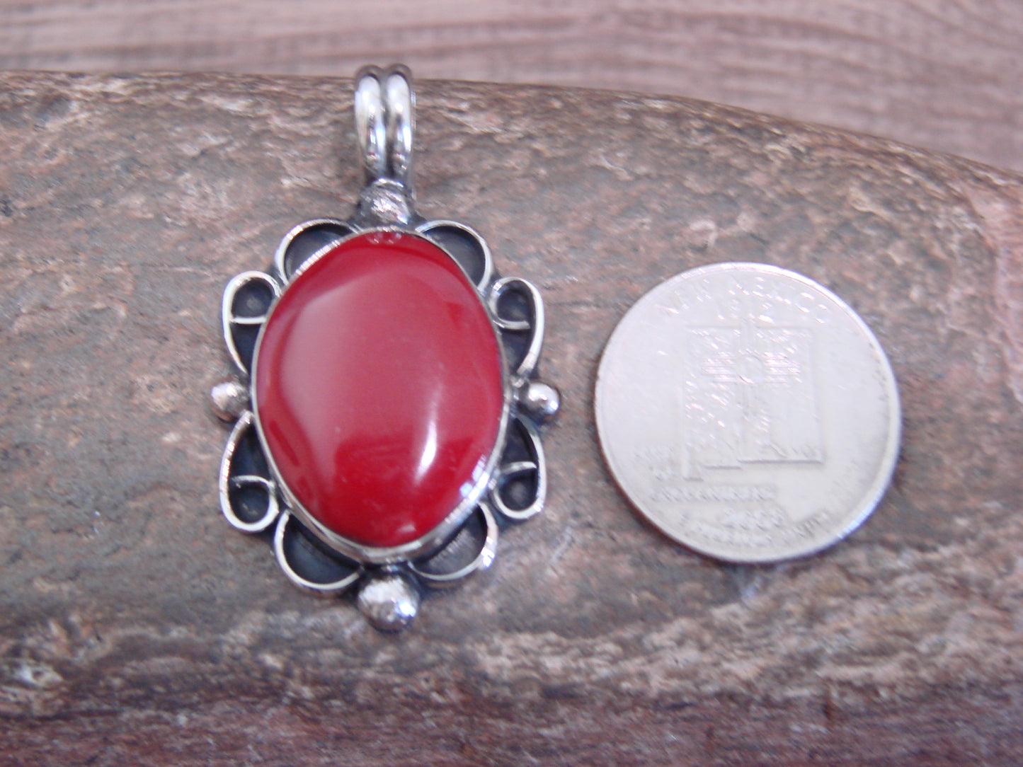 Native American Nickel Silver & Red Howlite Pendant - Cleveland