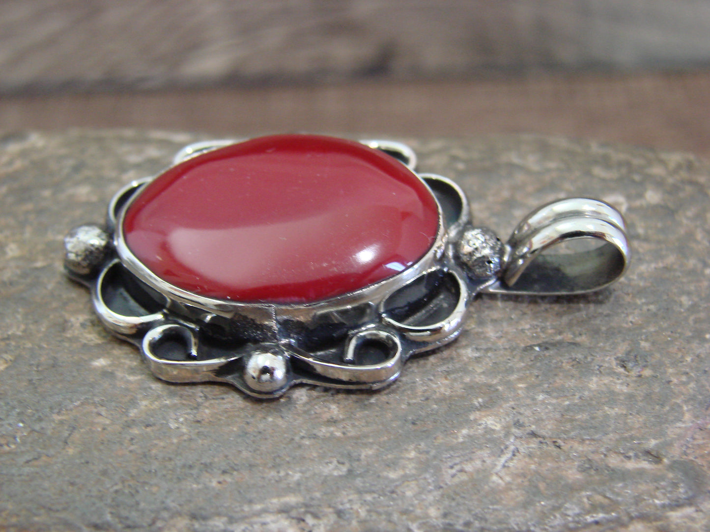 Native American Nickel Silver & Red Howlite Pendant - Cleveland