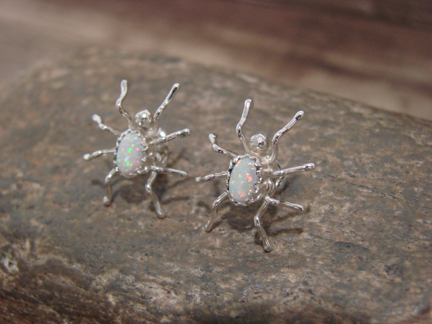 Native American Sterling Silver & Opal Spider Post Earrings - Garfield