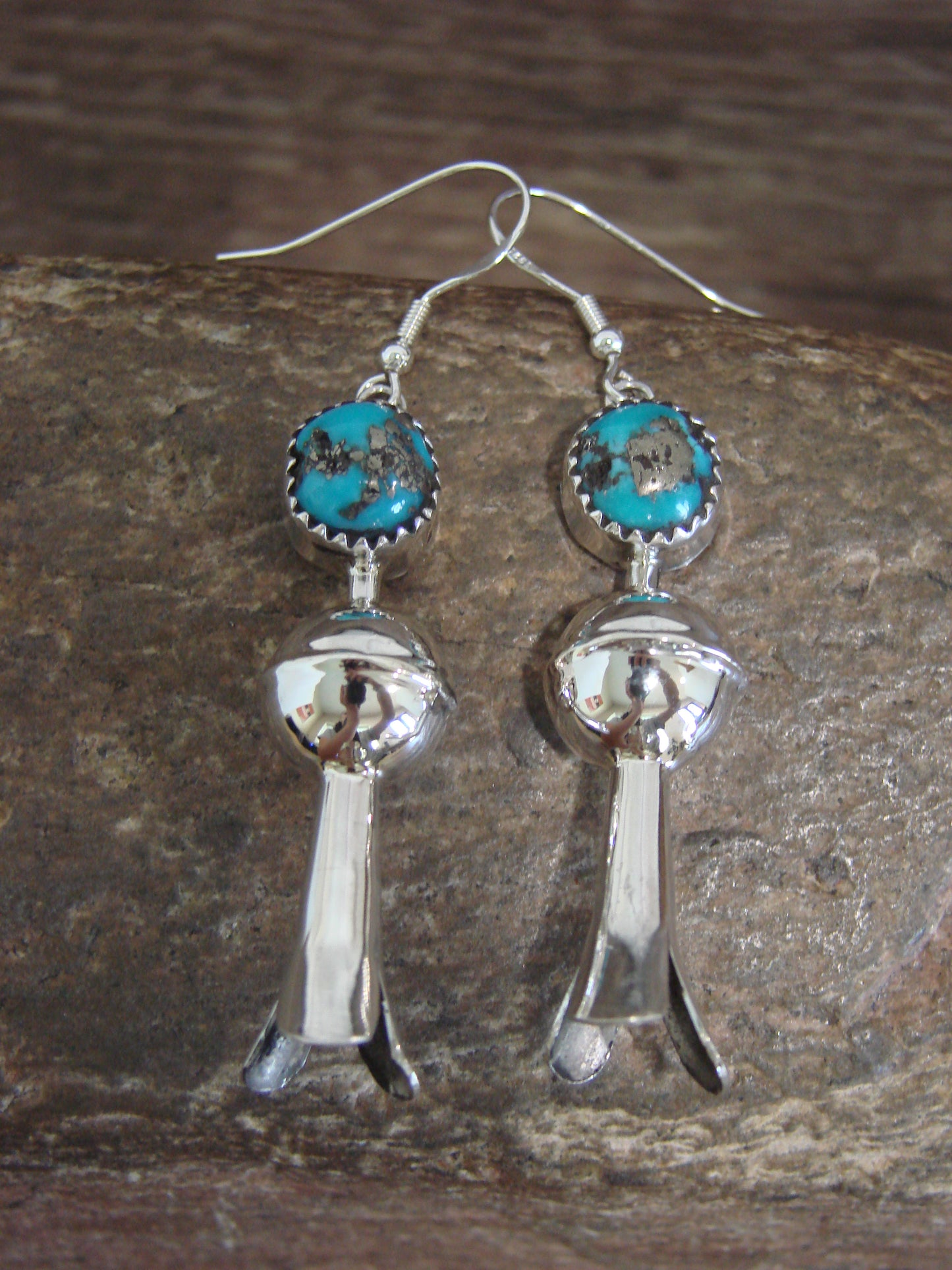 Native American Sterling Silver Turquoise Squash Blossom Dangle Earrings - Tsosie