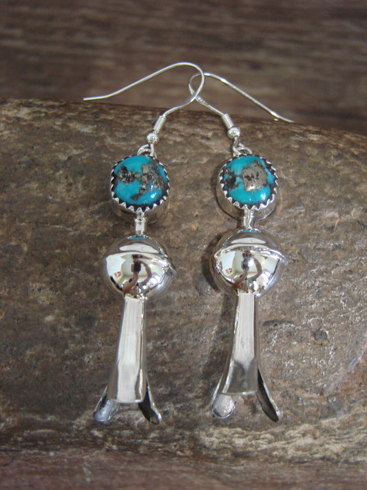 Native American Sterling Silver Turquoise Squash Blossom Dangle Earrings - Tsosie