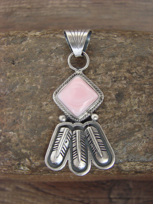 Native American Sterling Silver & Pink Conch Shell Feather Pendant by McCarthy