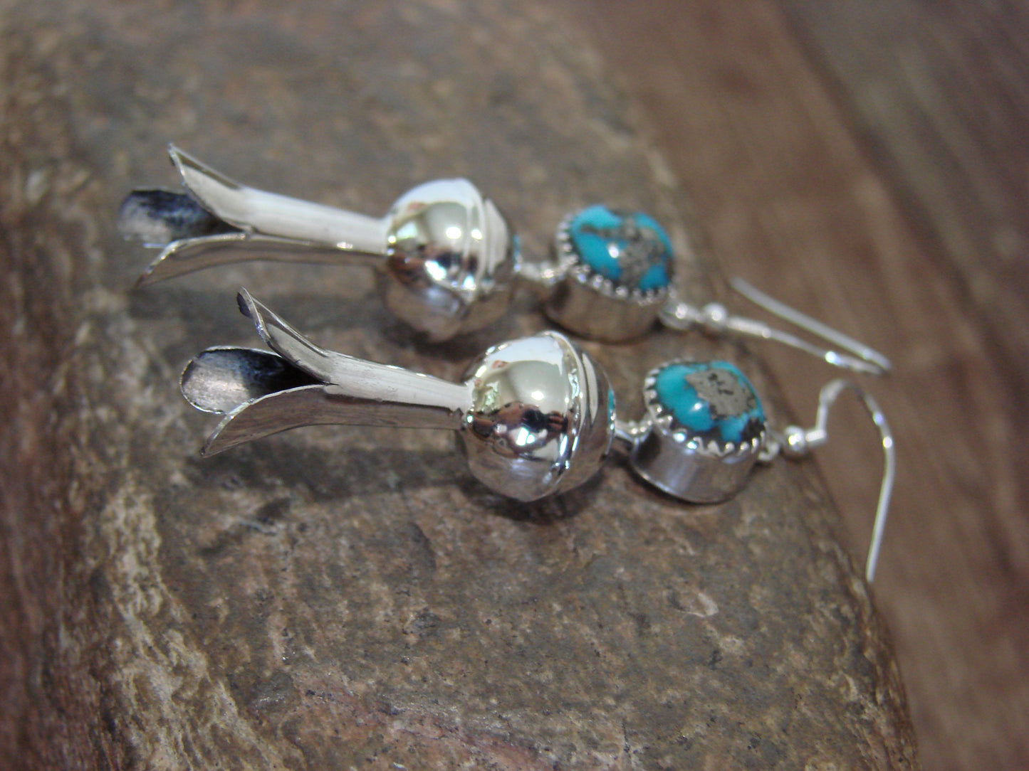 Native American Sterling Silver Turquoise Squash Blossom Dangle Earrings - Tsosie
