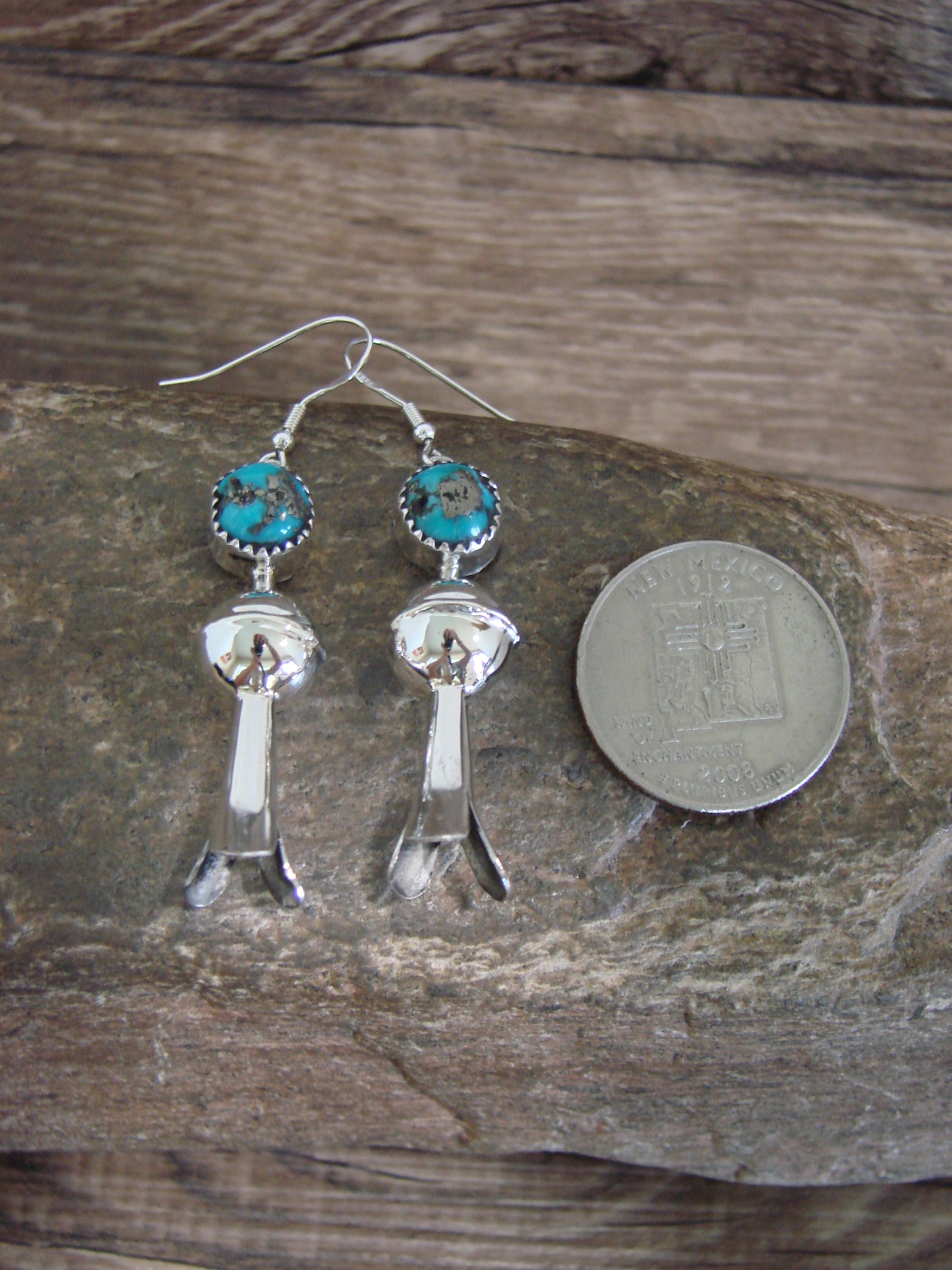 Native American Sterling Silver Turquoise Squash Blossom Dangle Earrings - Tsosie