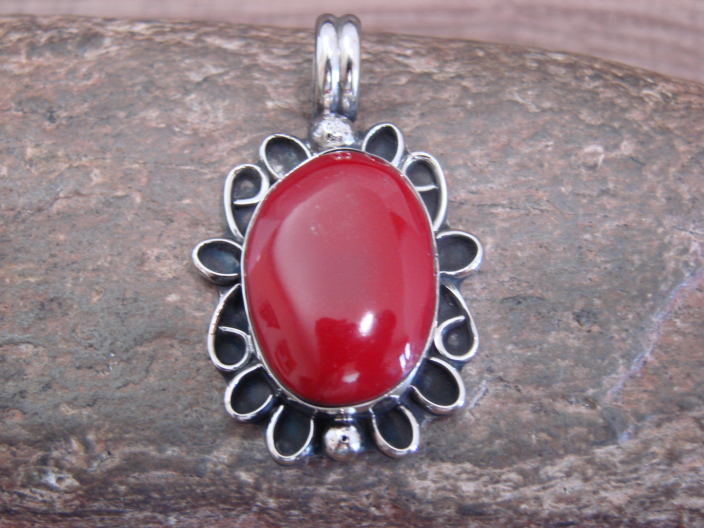 Native American Nickel Silver & Red Howlite Pendant - Cleveland