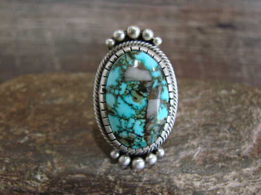 Native American Sterling Silver & Kingman Turquoise Ring by Lewis - Size 7