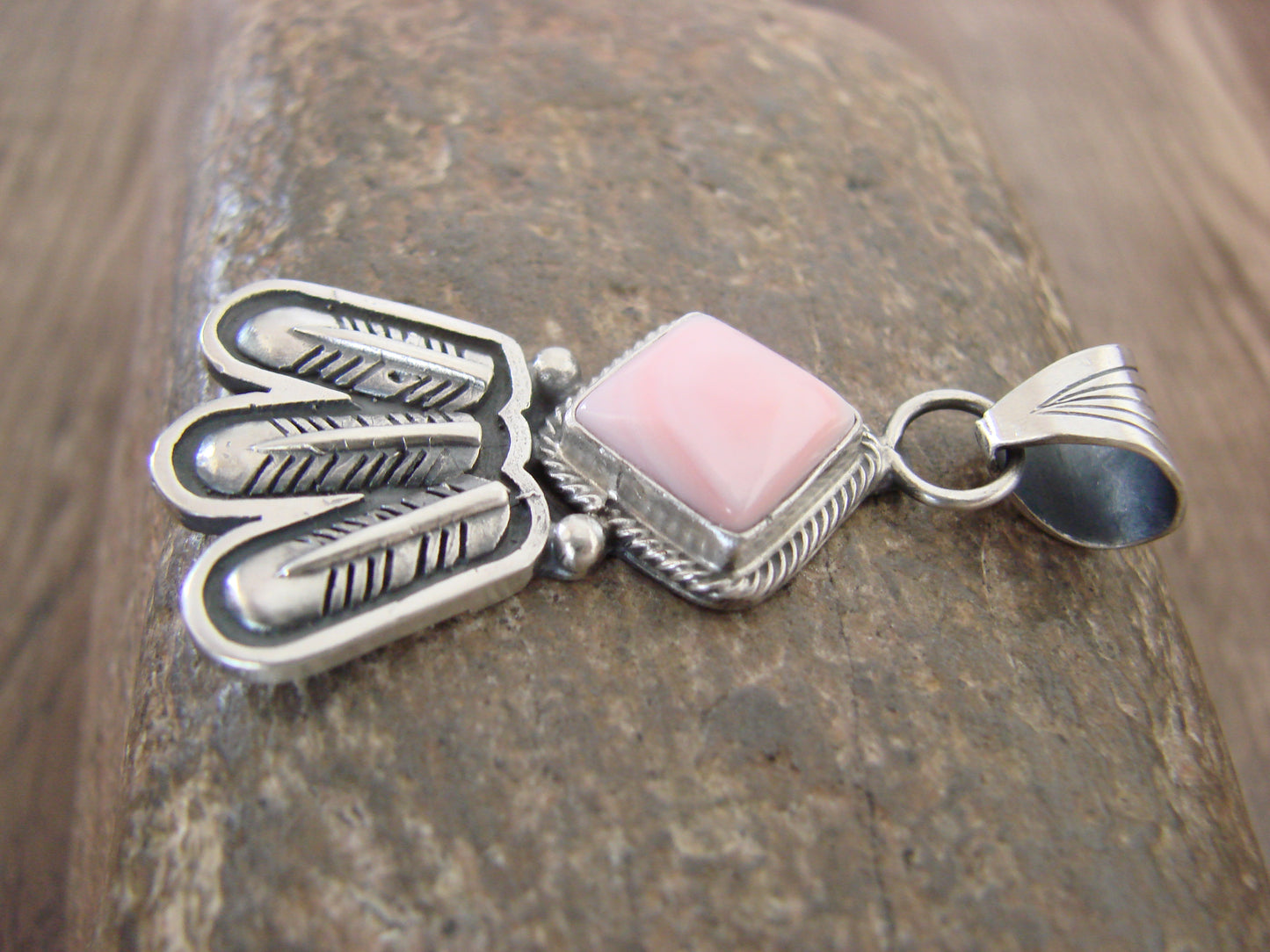 Native American Sterling Silver & Pink Conch Shell Feather Pendant by McCarthy