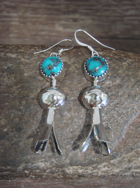 Native American Sterling Silver Turquoise Squash Blossom Dangle Earrings - Tsosie