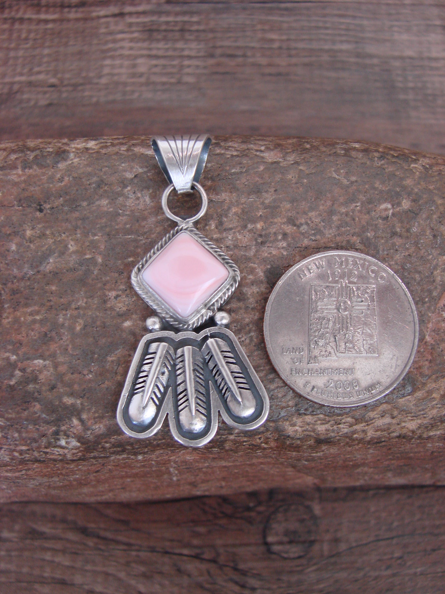 Native American Sterling Silver & Pink Conch Shell Feather Pendant by McCarthy