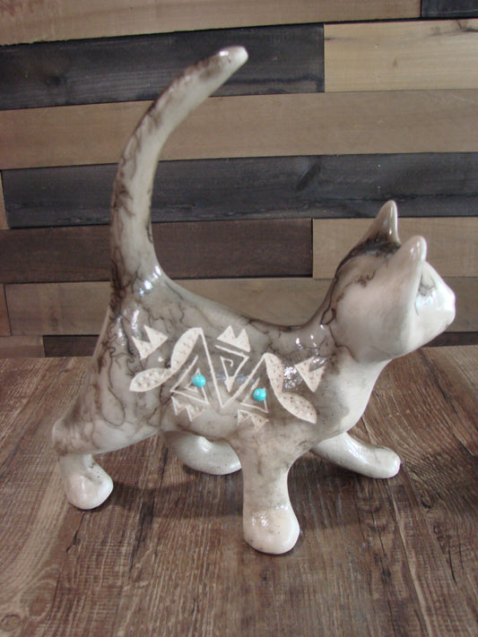 Native American Navajo Pottery Horse Hair Cat Sculpture by Vail