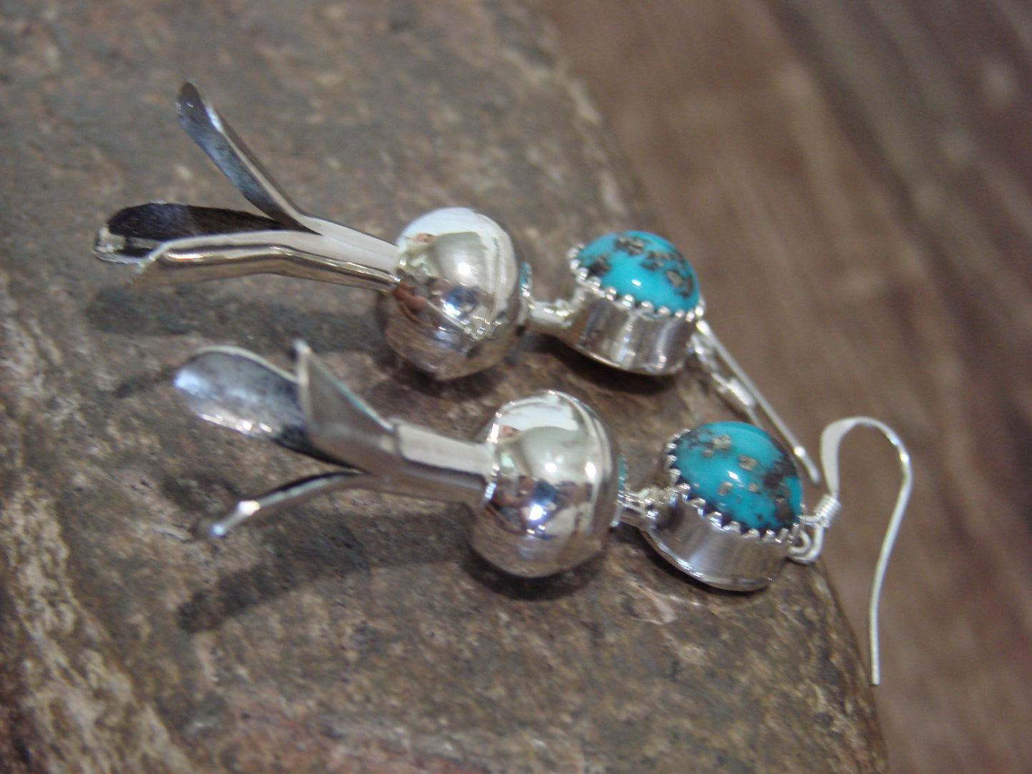 Native American Sterling Silver Turquoise Squash Blossom Dangle Earrings - Tsosie