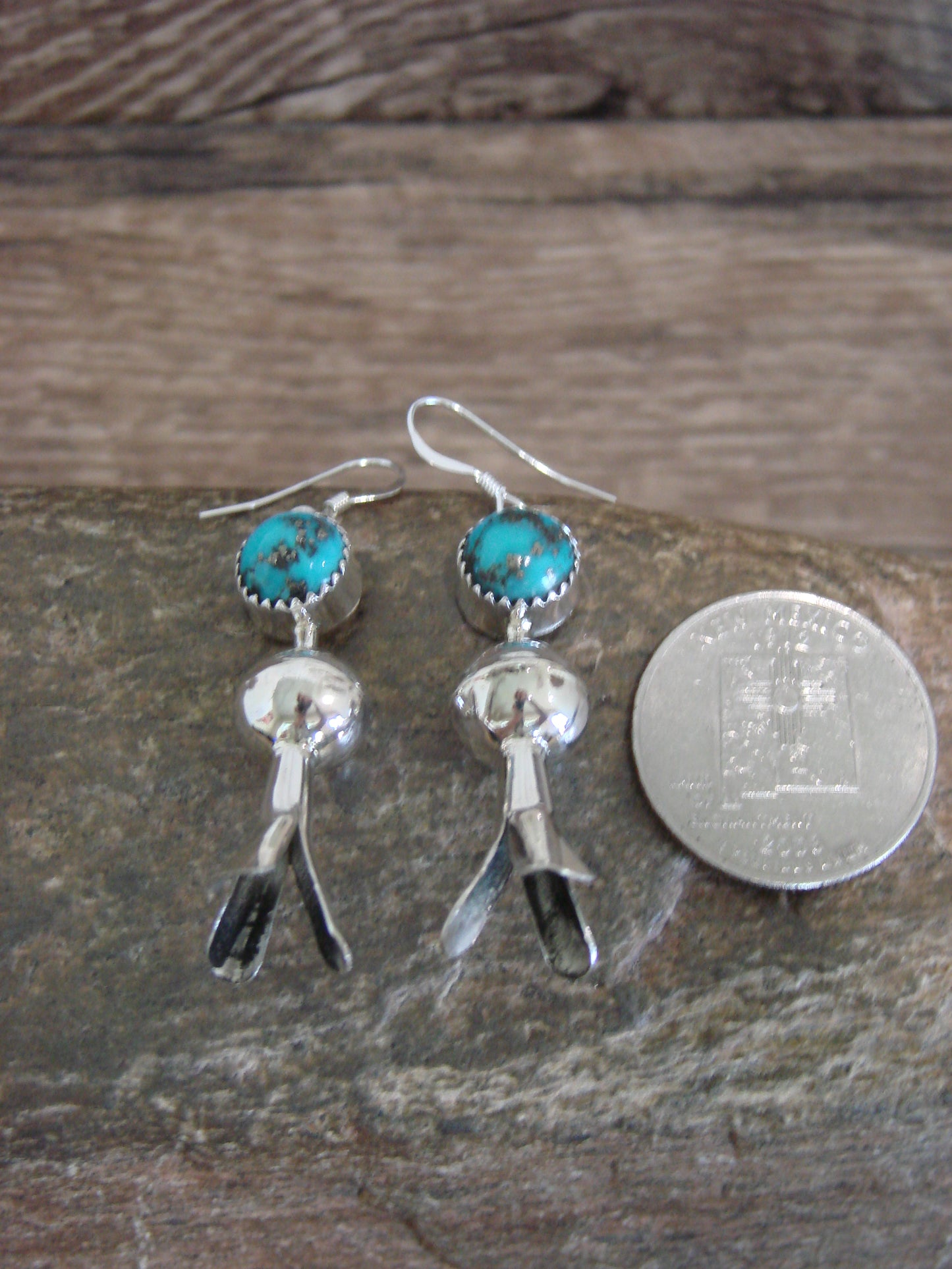 Native American Sterling Silver Turquoise Squash Blossom Dangle Earrings - Tsosie