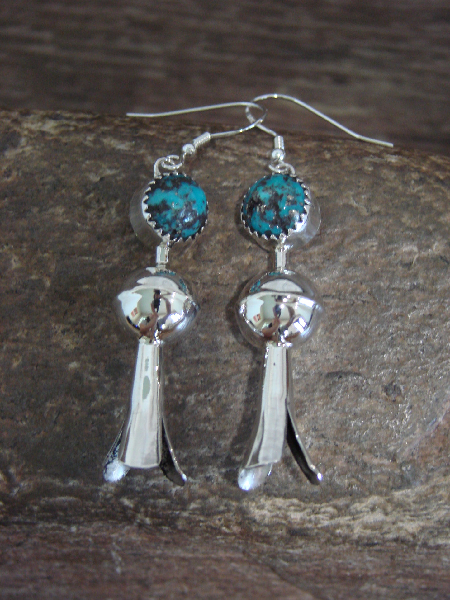 Native American Sterling Silver Turquoise Squash Blossom Dangle Earrings - Tsosie