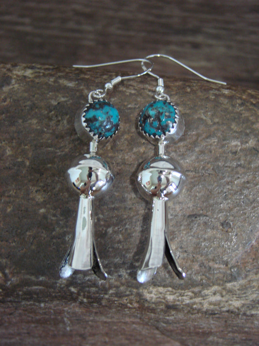 Native American Sterling Silver Turquoise Squash Blossom Dangle Earrings - Tsosie