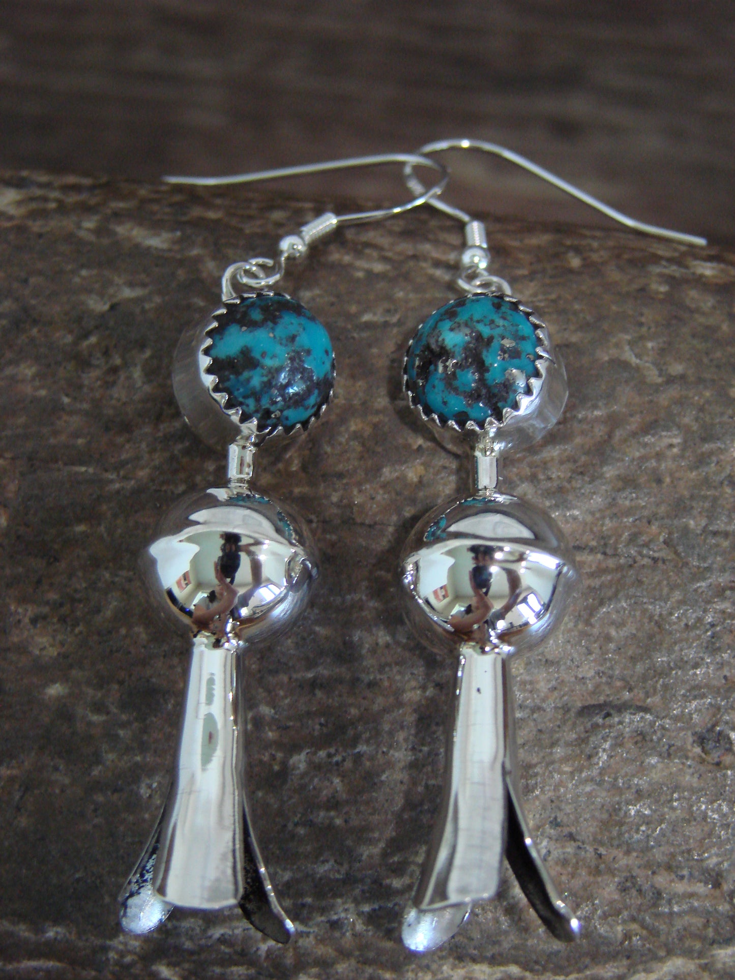 Native American Sterling Silver Turquoise Squash Blossom Dangle Earrings - Tsosie