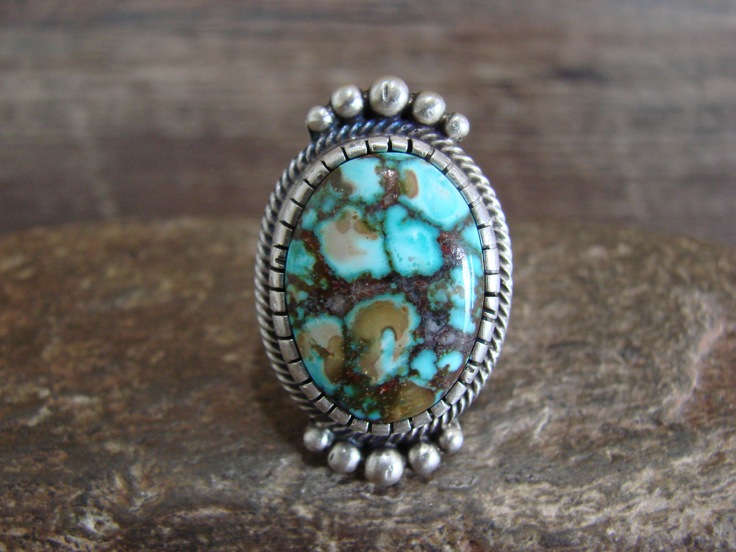 Native American Sterling Silver & Kingman Turquoise Ring by Lewis - Size 6