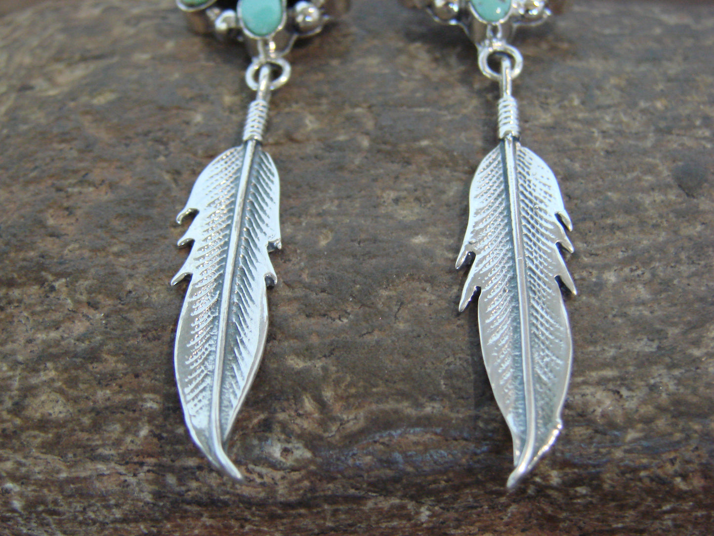 Native American Sterling Silver & Turquoise Cluster Post Feather Earrings by Lewis