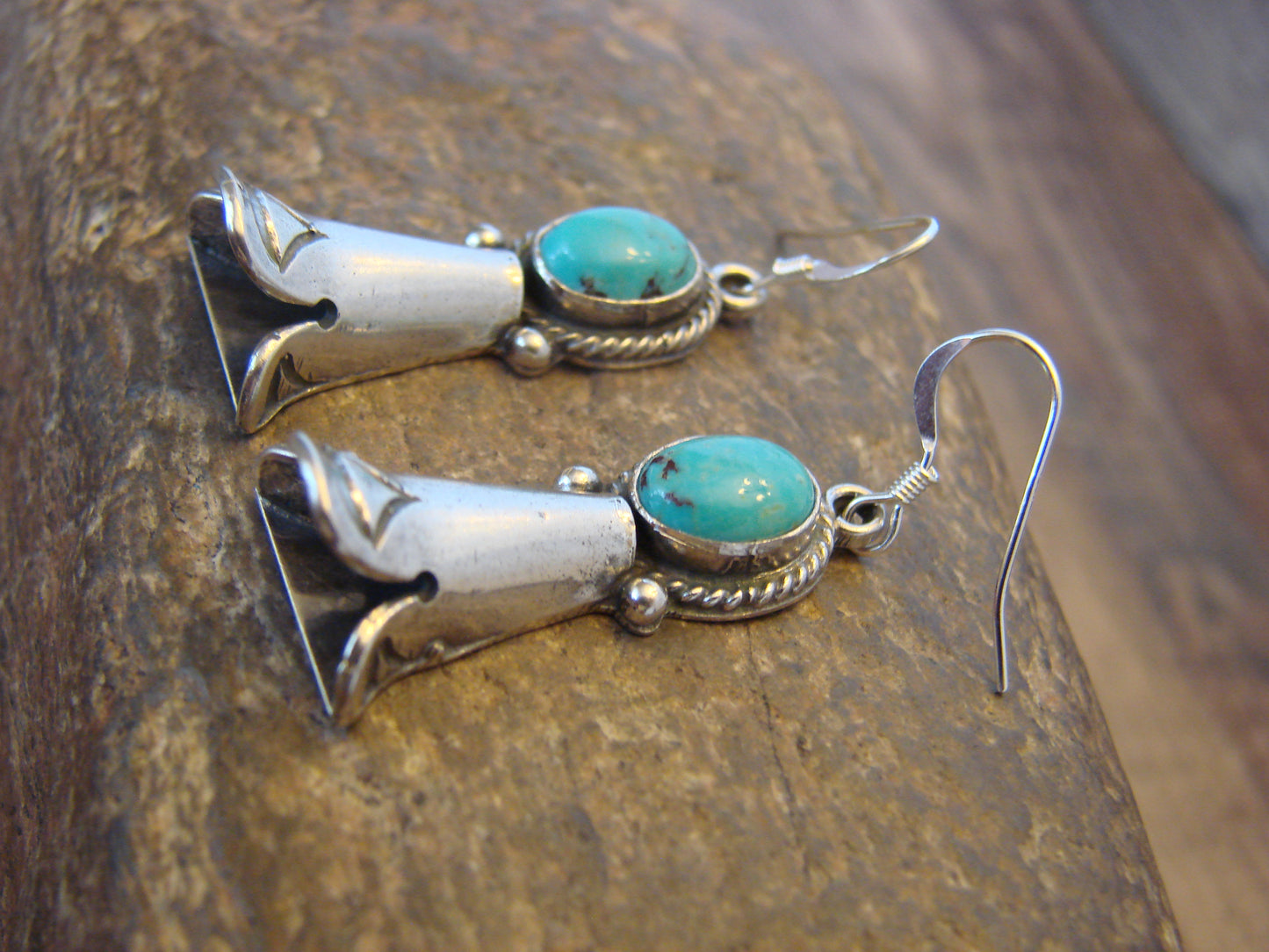 Native American Sterling Silver Turquoise Squash Blossom Dangle Earrings - McCarthy