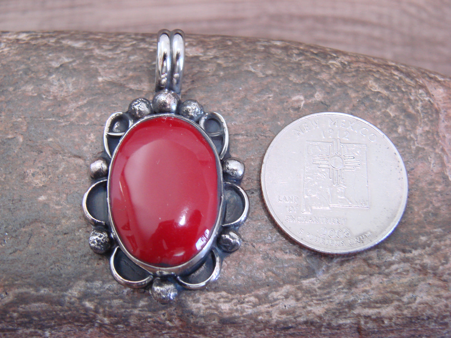 Native American Nickel Silver & Red Howlite Pendant - Cleveland