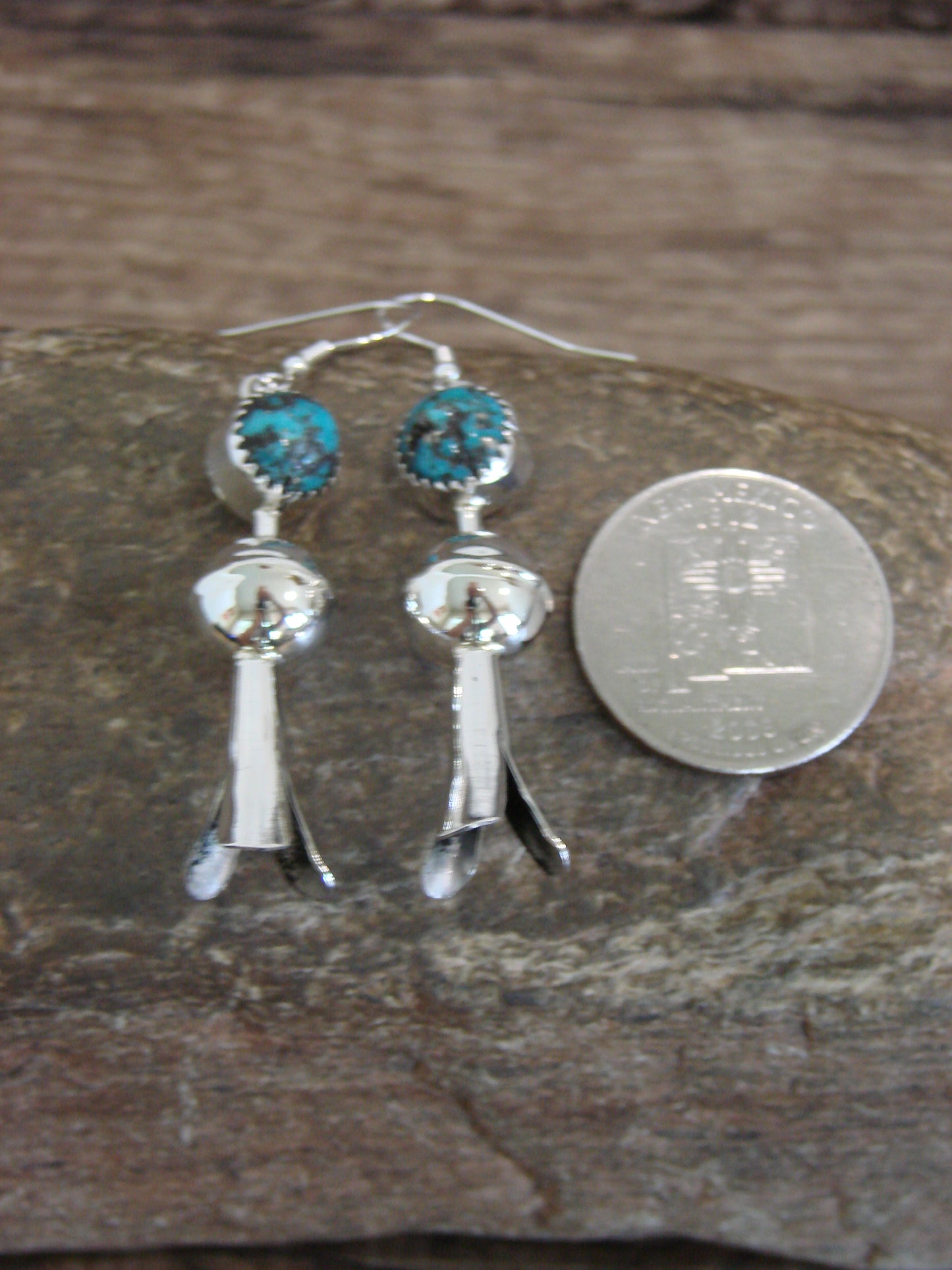 Native American Sterling Silver Turquoise Squash Blossom Dangle Earrings - Tsosie