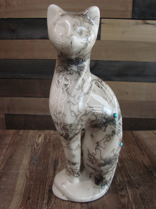 Native American Navajo Pottery Horse Hair Cat Sculpture by Vail