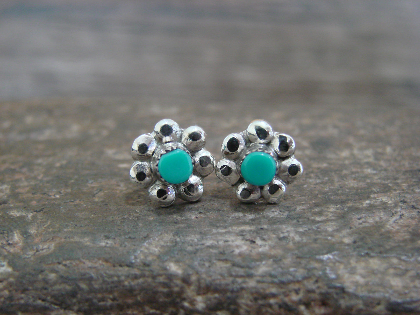 Native American Sterling Silver & Turquoise Floral Stud Post Earrings by Yatsattie