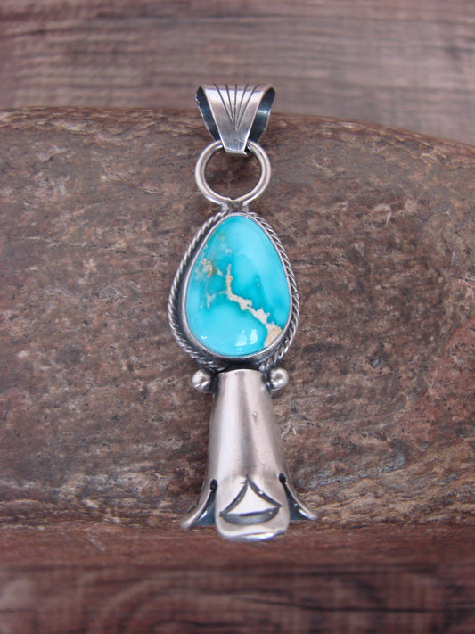 Native American Sterling Silver & Turquoise Squash Blossom Pendant by Betone