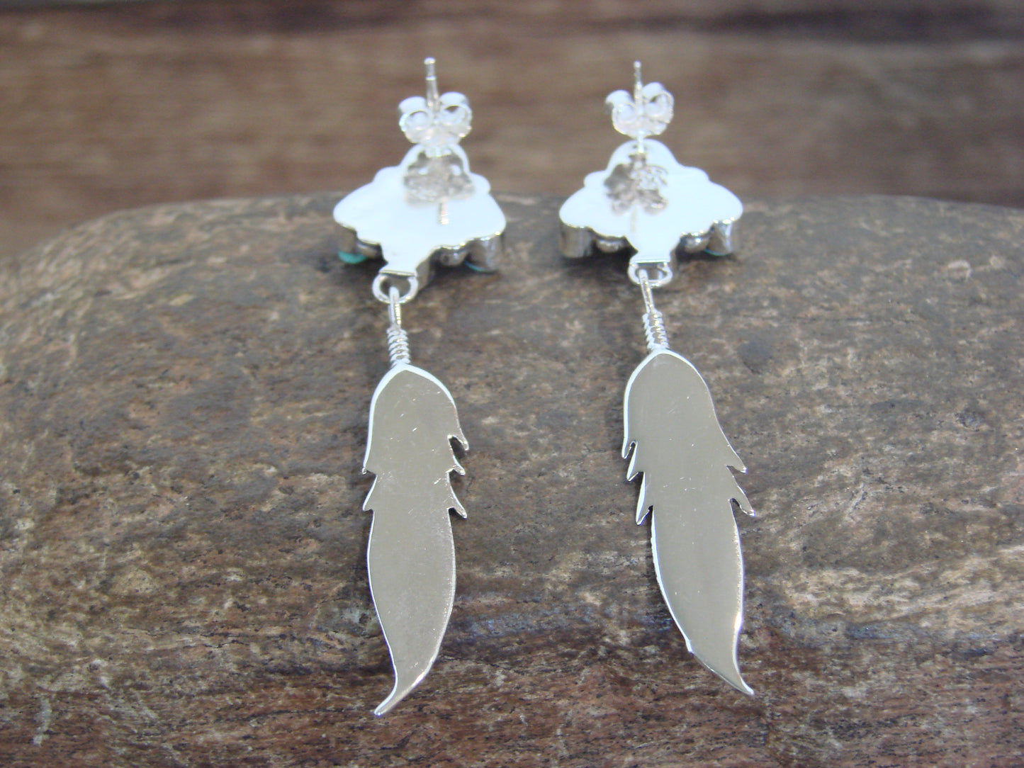 Native American Sterling Silver & Turquoise Cluster Post Feather Earrings by Lewis