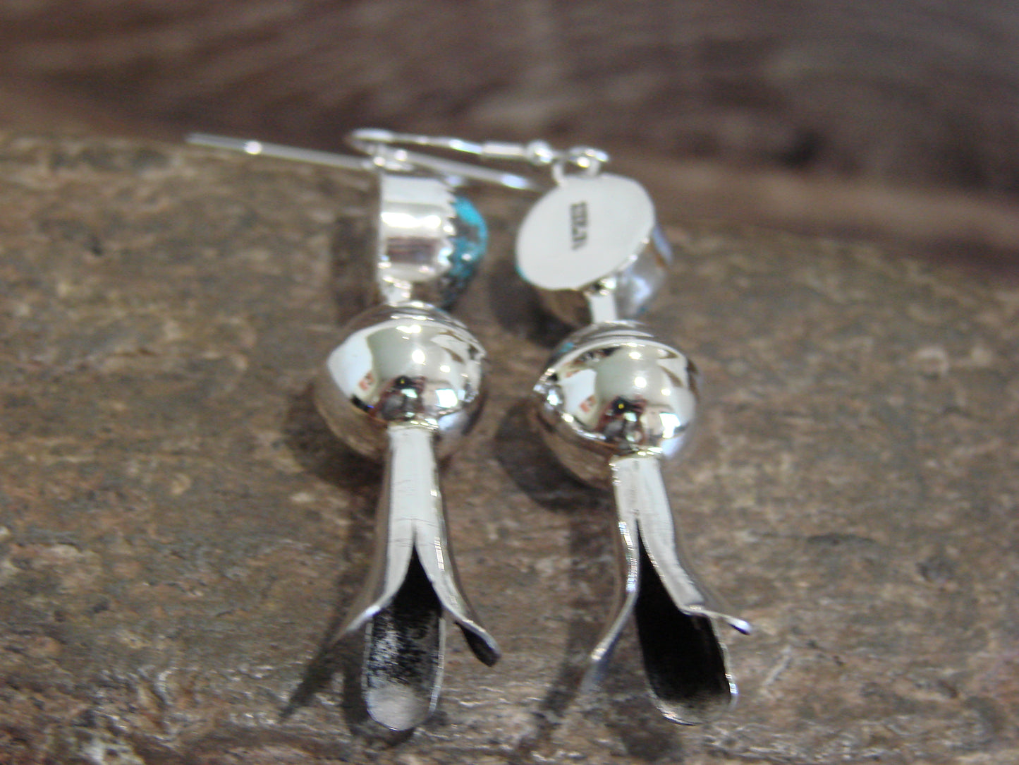 Native American Sterling Silver Turquoise Squash Blossom Dangle Earrings - Tsosie