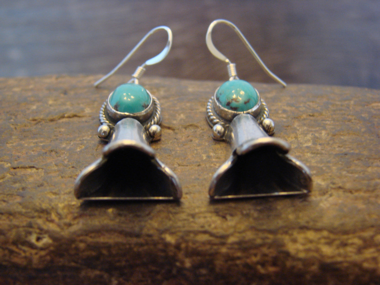 Native American Sterling Silver Turquoise Squash Blossom Dangle Earrings - McCarthy