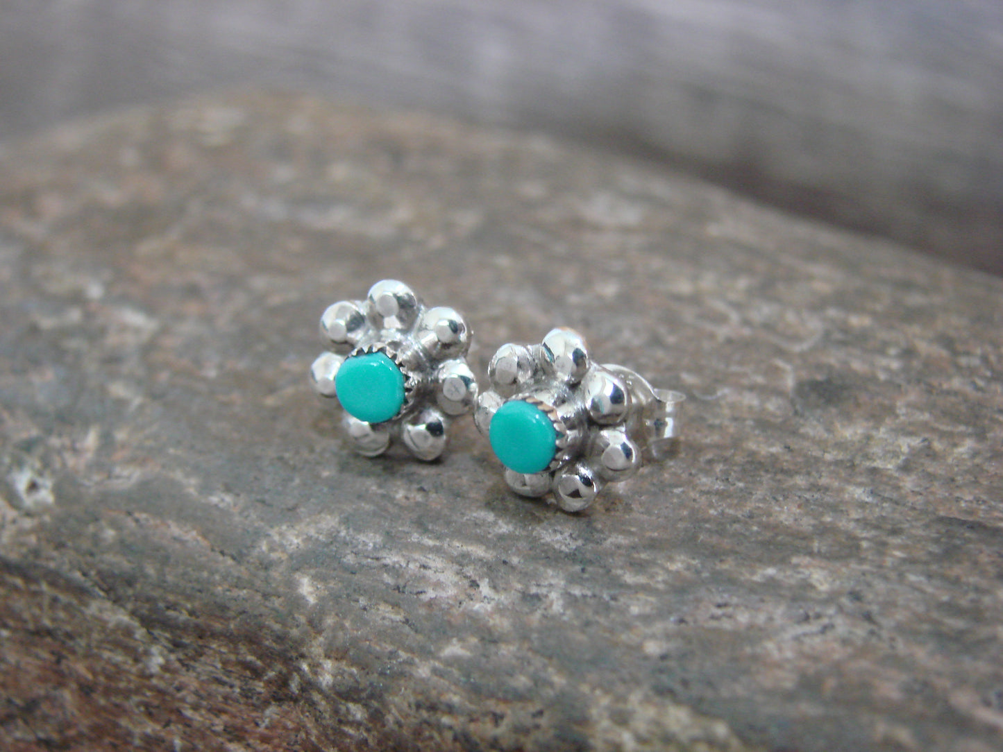 Native American Sterling Silver & Turquoise Floral Stud Post Earrings by Yatsattie