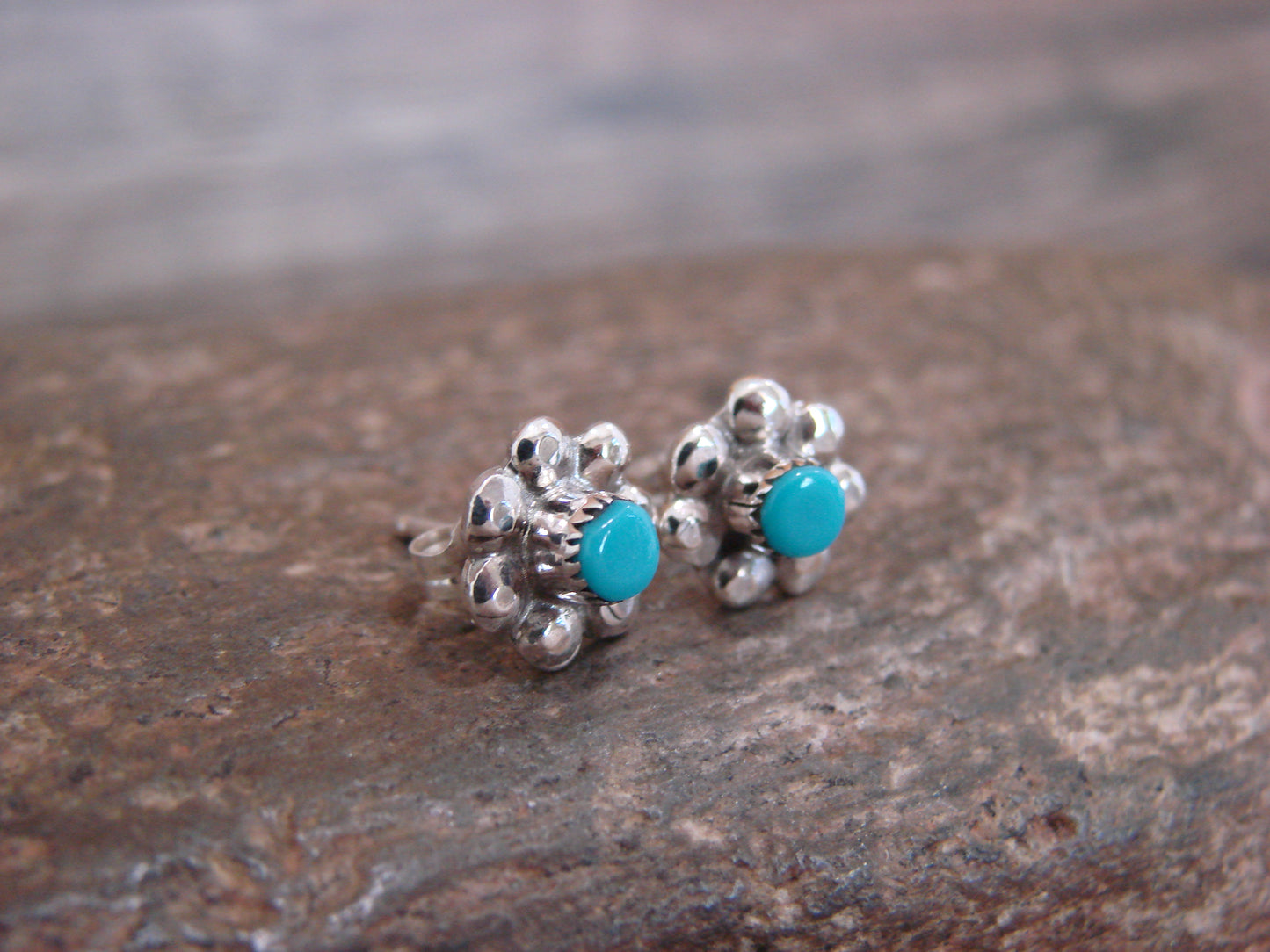 Native American Sterling Silver & Turquoise Floral Stud Post Earrings by Yatsattie