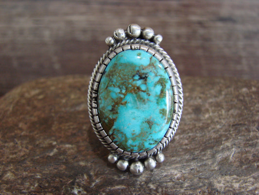 Native American Sterling Silver & Kingman Turquoise Ring by Lewis - Size 8.5