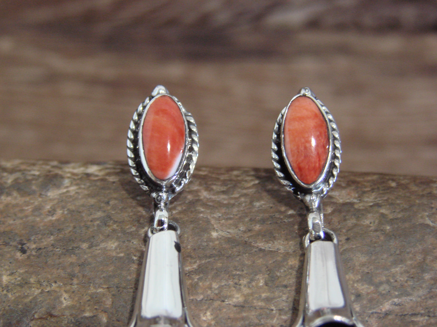 Native American Sterling Silver Spiny Oyster Squash Blossom Post Earrings - Yazzie